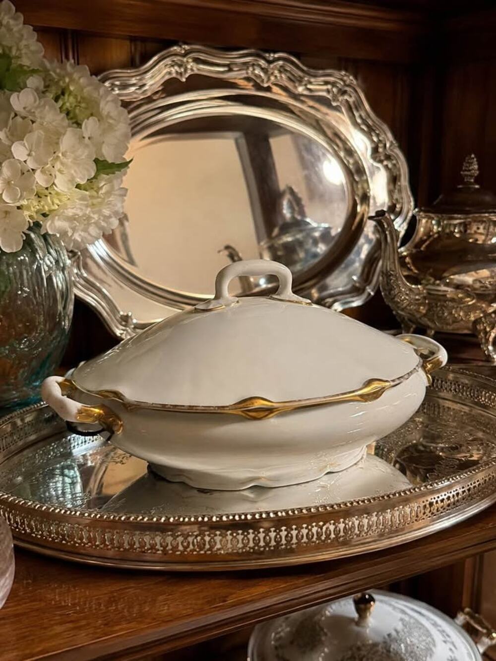 Antique White Porcelain Covered Tureen – Gold Trim
